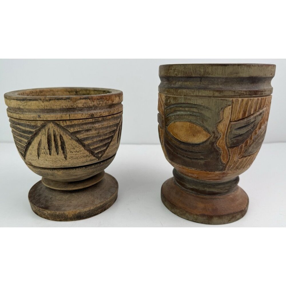Vintage Wooden Hand Carved Pedestal Mortar/Cup/Vase Set‎ Of 2 Rustic - Picture 3 of 8